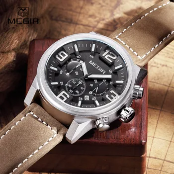 MEGIR nieuwe mode toevallige quartz horloge mannen grote wijzerplaat waterdichte chronograaf releather polshorloge relojes gratis verzending 3010