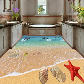 Gratis verzending 3D behang badkamer keuken Zomer strand zeester schilderen vloer antislip waterdichte vloer stickers custom