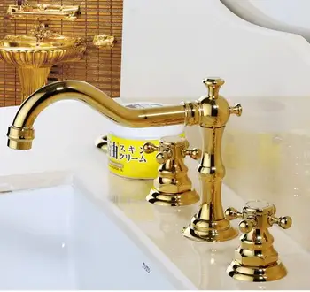 Nieuwkomers mode luxe wastafel kraan hoge kwaliteit waterkraan messing materiaal gold plating wijdverspreide basin wastafel kraan