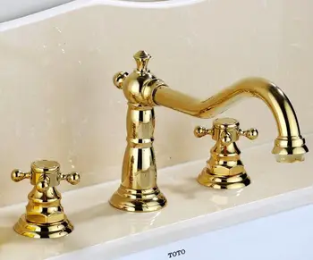 Nieuwkomers mode luxe wastafel kraan hoge kwaliteit waterkraan messing materiaal gold plating wijdverspreide basin wastafel kraan