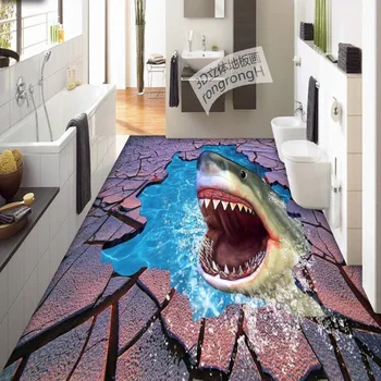 Gratis verzending sea world shark crack 3d vloer schilderen verdikte zelfklevende woonkamer badkamer slaapkamer vloeren mural