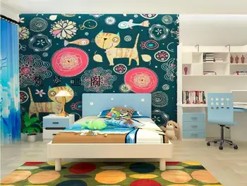 Gratis Verzending blauwe kat cartoon kinderen slaapkamer achtergrond behang mural jongen meisje kamer behang puur papier behang