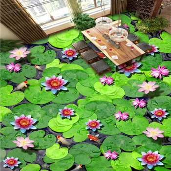 Gratis verzending lotusblad koi vijver meidoorn 3d vloeren sticker behang slef-lijm waterdichte vloer behang mural
