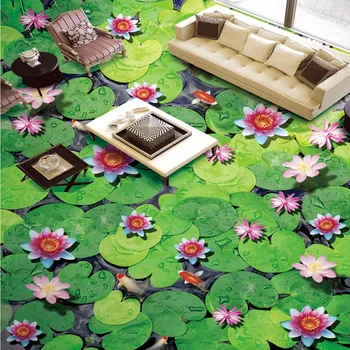 Gratis verzending lotusblad koi vijver meidoorn 3d vloeren sticker behang slef-lijm waterdichte vloer behang mural