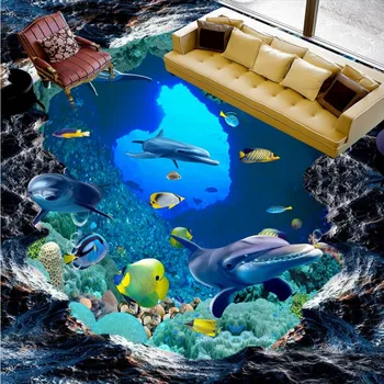 Gratis verzending onderwater wereld 3d vloer behang badkamer hotel decoratie waterdichte wear floor mural