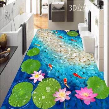 Gratis verzending lotus visvijver 3d vloer schilderen verdikte waterdichte badkamer vloeren woonkamer studie lobby keuken mural