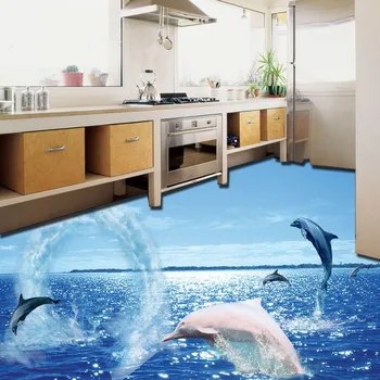 Gratis verzending 3d onderwaterwereld dolfijn spelen water vloeren behang hotel slaapkamer waterdichte zelfklevende floor mural
