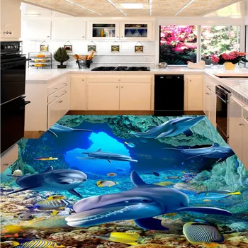 Gratis verzending zee wereld dolfijn coral vloeren schilderen behang slaapkamer aquarium zelfklevende vloer behang mural