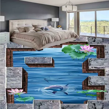 Gratis verzending custom vloeren 3d badkamer woonkamer behang kapper mural lotus onderwater wereld waterdichte vloer schilderen