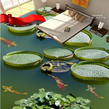 Gratis verzending pvc wear floor mural vijver karper lotus chinese stijl office studio vloeren schilderen behang