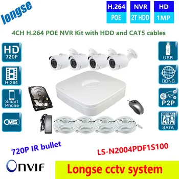 HD IP bullet Netwerk Bewakingscamera met POE 4CH NVR 720 P 1.0MP waterdichte ip Camera H.264 POE NVR Kit HDMI NVR met 2 T HDD