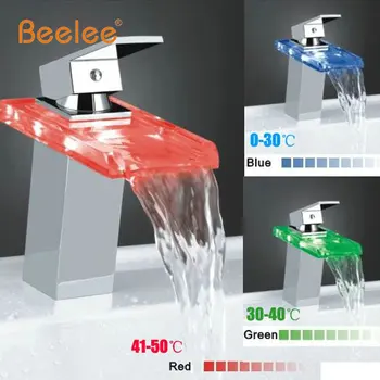 Beelee Nieuwe Waterval 3 Kleuren LED Nodig Batterij Badkamer Wastafel Mengkraan Sink Glas Chroom Messing Badrandcombinaties Kraan BL0818