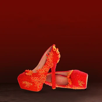 China Nationale Rode Trouwschoenen Hand Made Bridal Boog Parel hoge Hakken Luxe Genuim Lederen Platform Schoenen Plus Size 43