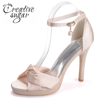 Creativesugar soft satin gekruiste band sandalen enkelbandje hakken platform zomer satijnen jurk schoenen champagne zilver roze wit