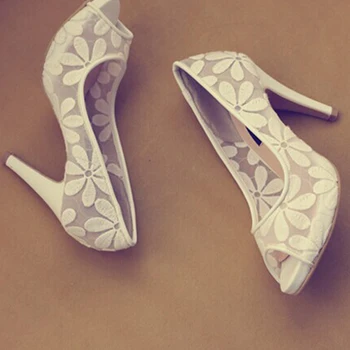 Fashion hakken witte bloem trouwschoenen, Vrouwen avondfeest prom schoenen, Lady crystal peep toe dress schoenen