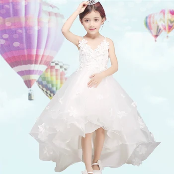 Luxe baljurk prinses jurk v-hals mouwloze baby meisjes pageant dress for kostuum korte front lange terug bloem meisje jurken