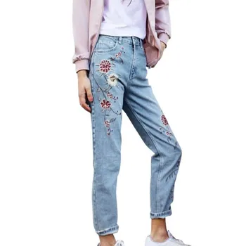 Mode Lente Vintage Bloem Borduren Vrouwen Lichtblauw Casual Broek Zakken Bodem Rechte Jeans