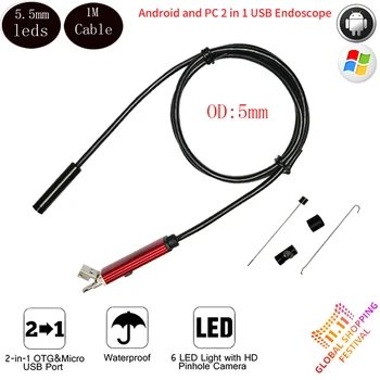 2IN1 PC USB Endoscoop Android Camera 5.5mm 1 M 2 M 5 M Lens IP67 Waterdichte Pijp Borescope Endoscoop Camera Snake Tube Inspectie
