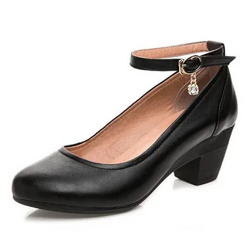 Plus Size 33-43 Lederen hoge hakken Vrouwen schoenen enkelbandjes Mary Jane schoenen Dikke met zachte bodem werkschoenen pompen