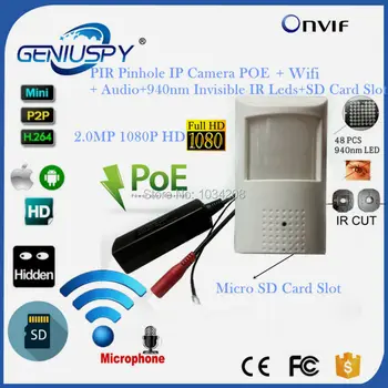 Hd p2p sony 323 1080 p 2mp poe mini ip pinhole wifi draadloze PIR IP Camera 940NM Onzichtbare Nachtzicht/Onvif/Audio/Sd-kaartsleuf