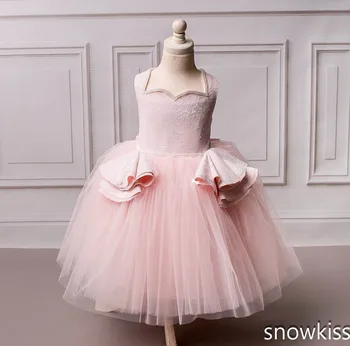 Mooie Blush roze baljurk baby jurk met kant applicaties tulle sweetheart meisje pageant jurk met boog 1st verjaardag outfit