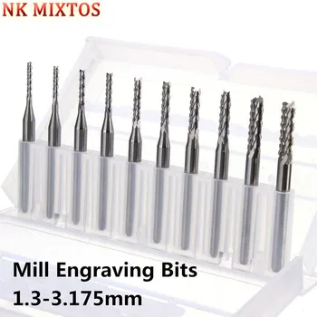 10 STKS/SET Mill Graveren Bits Mini PCB Carbide Gereedschap Frees 1.3-3.175 Diameter CNC Snijkoppen Frezen Kit