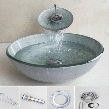 UK Nieuwe Collectie Glas Ronde Badkamer Art Wastafel Gehard Glazen Vat Sink Waterval Chrome Kraan Tap Set Met Pop-up Afvoer