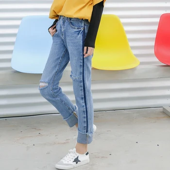 Jeans voor Vrouwen 2017 Nieuwe Mode Stijl Vintage Kleurblok Ripped Gat Kwastje Manchet Blauw Denim Potlood Broek jeans mujer 3091