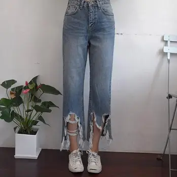 Hip hop streetwear herfst vrouwen jeans femme gewassen casual solid enkellange tassle gat denim broek 2361