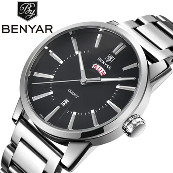 Benyar 2017 Top Merk Business Mannen Mannelijke Luxe Horloge Casual Staal Lederen Kalender Horloges Quartz Horloges Relogio Masculino