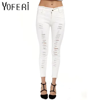 YOFEAI 2017 Nieuwe Gat Jeans voor Vrouwen Mode Denim Potlood enkellange Broek Ripped Jeans voor Vrouwen Zwart Wit Plus Size