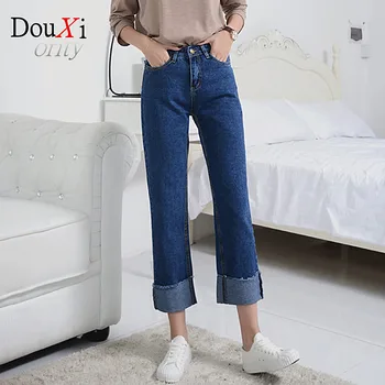 Plus size vrouwen jeans comfortabele losse wijde pijpen broek rechte jeans Hoge taille volledige lengte broek hoge kwaliteit Denim Pant