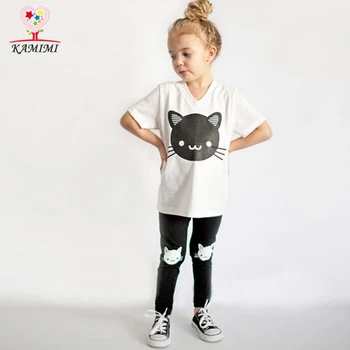 Kamimi 2017 kat gedrukt kleding pak voor 2-6 jaar baby korte mouwen t-shirt + zwarte broek legging 2 stks kids zomer sets A341