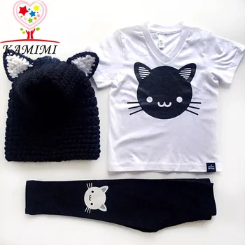 Kamimi 2017 kat gedrukt kleding pak voor 2-6 jaar baby korte mouwen t-shirt + zwarte broek legging 2 stks kids zomer sets A341