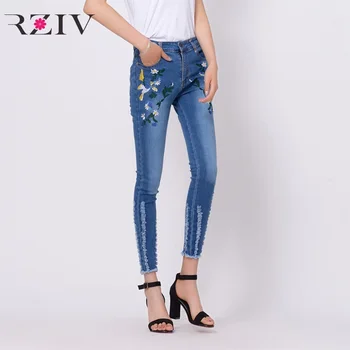 RZIV 2017 vrouwelijke jeans casual pure kleur bloemen geborduurd hoge taille jeans