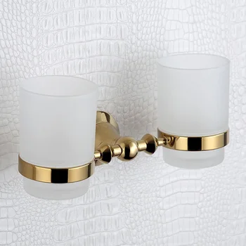 Tandenborstel Houders Luxe Mode Wandmontage Golden Dubbele Tumbler Houders Opknoping Decoratieve met Cup Glas voor Badkamer