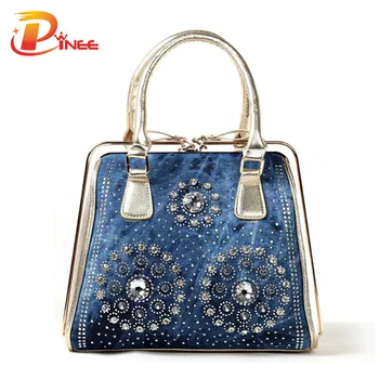 Nieuwe 2016 mode vrouwen handtassen designer diamond decoratie denim tassen luxe dames vintage tas