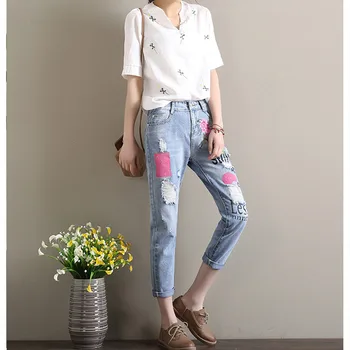 Geborduurde 2017 Selling Nieuwe Jeans Vrouw Merk Lente Straight Blue Jeans Vrouwen Bloem Plus Size Denim Vrouwelijke Casual Broek