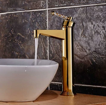 Nieuwkomers Mode Gepolijst hoge gouden plating koperen Badkamer Wastafel Kraan Sink Mengkraan Kraan met Keramische Handvat
