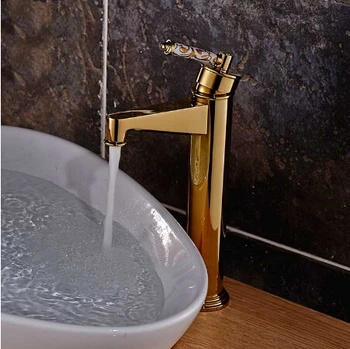 Nieuwkomers Mode Gepolijst hoge gouden plating koperen Badkamer Wastafel Kraan Sink Mengkraan Kraan met Keramische Handvat