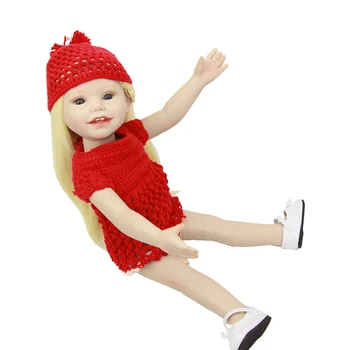 Stijlvolle 18 Inch Amerikaanse Meisje Volledige Vinyl Poppen 45 CM Blond haar Prinses Meisje Babies Met Rode Gebreide Jurk Kids Verjaardagscadeau