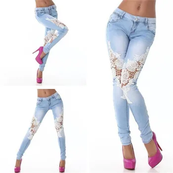 Lage taille jeans vrouw 2017 mode Lycra katoen Kant Mozaïek Holle perspectief Strakke Hip Potlood broek ipped jeans voor vrouwen jeans