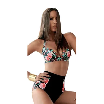 2017 hot vrouwen bikini sexy bloemenprint push up bikinis zwart badmode maillot de bain biquini strand badpak
