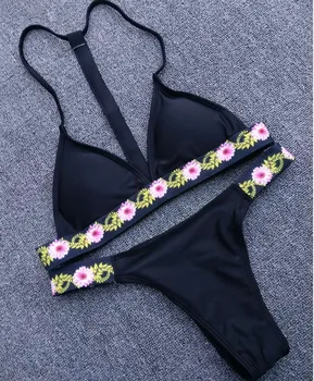 2017 Echte Nieuwe Aankomst Zwart Bloemen Thong Bikini Strand Gewatteerde Lage Taille Swimwears Sexy Braziliaanse Badpak Set Voor Vrouwen