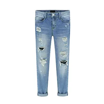 Jeans Ripped Straight Lente Mode Gat Mid Taille Jeans Broek Gewassen Katoen Broek