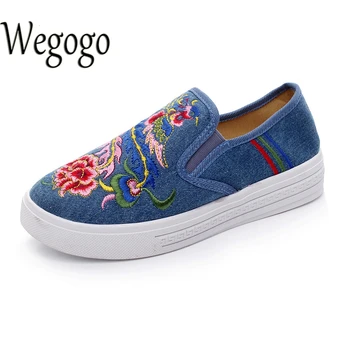 Wegogo Vintage Vrouwen Flats Schoenen Phoniex Geborduurde Casual Canvas Platform Loafers Dames Slip Op Katoen Sapato Feminino
