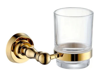 Gratis verzending enkele glashouder, tandenborstel bekerhouder, Messing base met gold afwerking + glas cup, badkamer accessoires GB001c