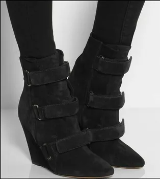 Nieuwste 2017 Vrouwen Laarzen Puntschoen Fashion Speciale Ankle Solide Winter Nieuwe Producten Suede Vrouwen Schoenen Zwart Wit Haak & Loop