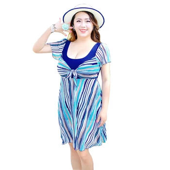 Nieuwe Badmode Vrouwen Plus Size Grote Cup Rok Badpak Stripes Een Stuk Badpak Korte Mouwen U Hals Comfortabele Beachwear