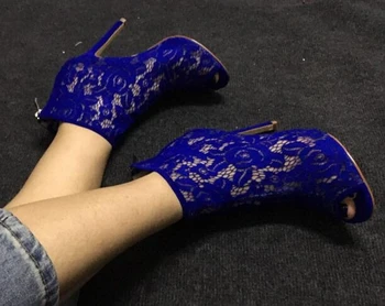 Zomer hot selling enkellaarsjes sexy peep toe vrouw hoge hak laarzen 2017 super hoge blauw kant dunne hakken laarzen